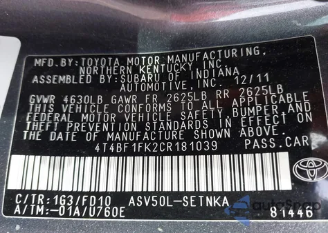 2012 Toyota Camry Le z USA, uszkodzony, nr VIN 4T4BF1FK2CR181039